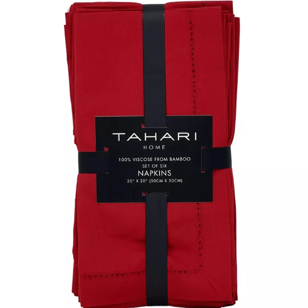 TAHARI Set of SIX 20" x 20" Christmas Holiday Red Hemstitch Designer Napkins NEW